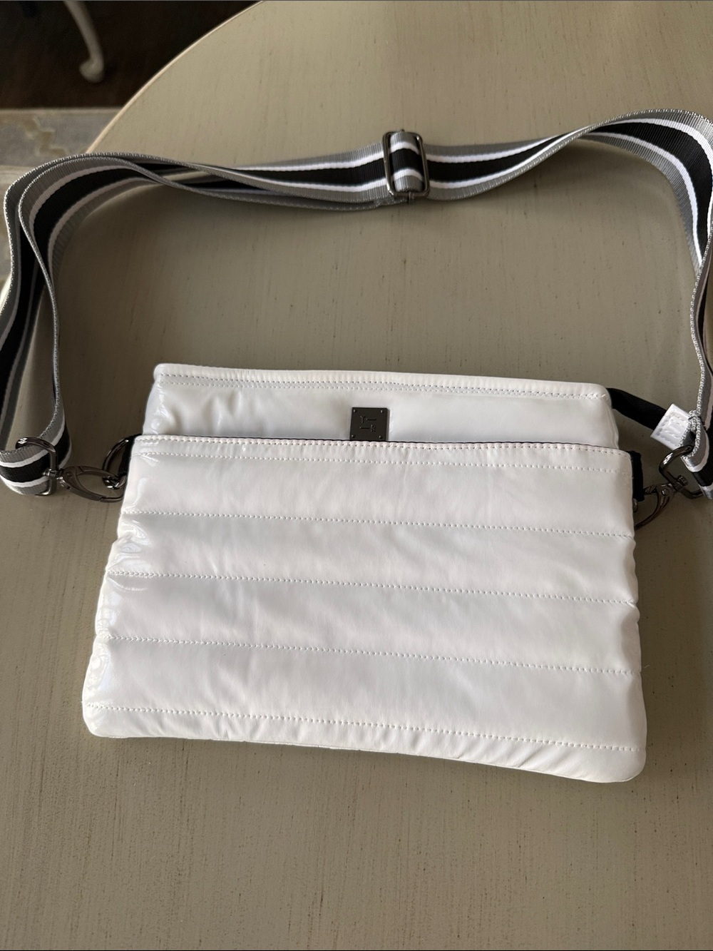 THINK ROYLN White Quilted Crossbody with Black & Gray Stripe Strap